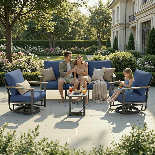Aluminum Outdoor Patio Furniture Set 5-Seat, Patio Conversation Set Sectional Furniture Set with Swivel Rocking Chairs High Backrest & Thickened Cushions for Garden, Backyard, Poolside, Navy Blue