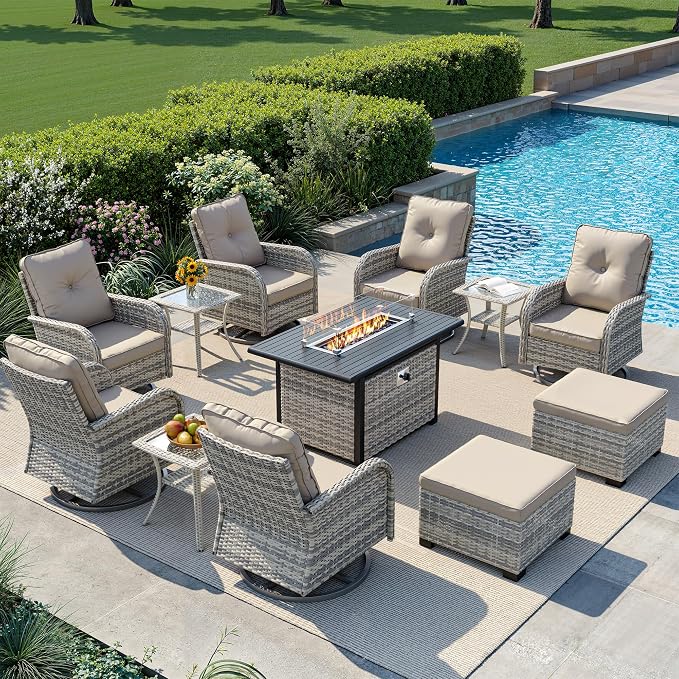12-Piece Small Patio Furniture Set, Outdoor Swivel Rocking Chairs Set with 55,000 BTU Fire Pit Table Wicker Chairs and Ottomans, Patio Bistro Set for Balcony, Deck, Porch, Khaki
