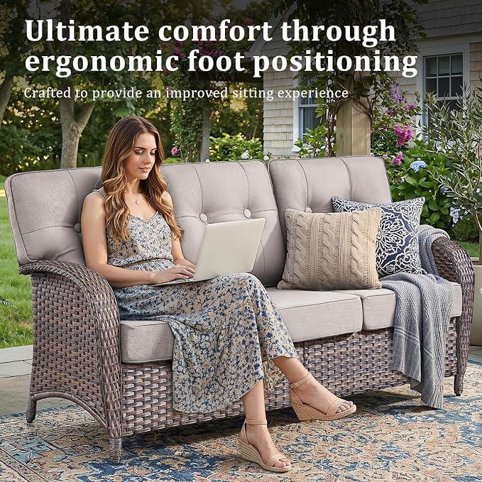 6 PCS Patio Furniture Set Outdoor Sectional Sofa Couch with Rocking Swivel Chairs 5" Deep Seat Chairs, 2 Sofa Sets Modern Wicker Rattan Conversation Set, Beige/Brown Wicker