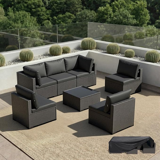 Patio Furniture Set - All-Weather - 7 Piece Patio Outdoor Conversation Set, Modular Wicker Rattan Sectional Sofa for Backyard, Garden, Poolside, Balcony, Porch, Patio,Black/Black