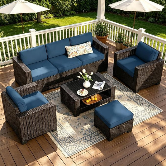SHGJ&SOFT 7 Piece Outdoor Patio Furniture Set, Wicker Outdoor Sectional Sofa with Washable Cushion Covers and Tempered Glass Table, Rattan Conversation Set for Poolside,Balcony, Porch, Garden