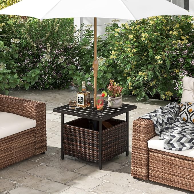 HAPPYGRILL Wicker Patio Umbrella Table with 1.57” Umbrella Hole, Outdoor Rattan Side Table with Heavy Duty Metal Frame, 22” Square PE Rattan End Table for Deck Backyard Poolside (Mix Brown)