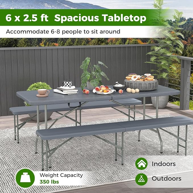 Giantex 6ft HDPE Folding Table, Outdoor Indoor Foldable Table with Metal Legs, Fold-in-Half Portable with Handle for Picnic, Camping, Banquet, Party Event (Gray)