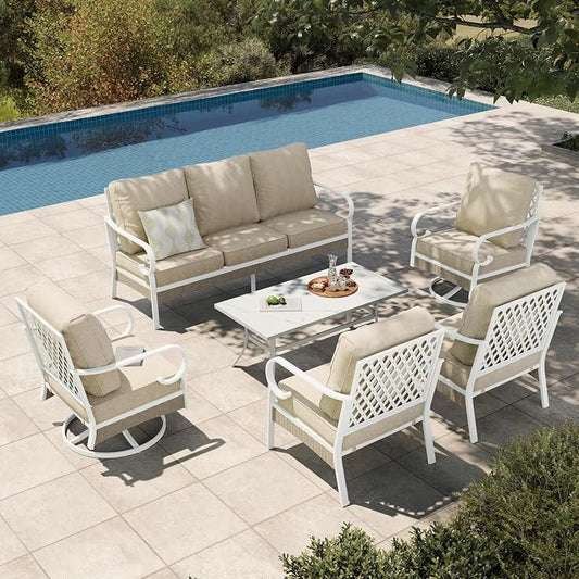 HERA'S HOUSE 6 Piece Metal Patio Furniture Set, All Weather Outdoor Conversation Set with 3-Seat Sofa, 2 Rocking Chairs, 2 Fixed Chairs & Coffee Table, 7 Seats for Backyard, Garden, Deck, White/Beige