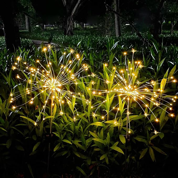 Solar Firework Lights, 4 Pack 120 LEDs 2 Lighting Modes Solar Garden Lights Outdoor Waterproof for Yard Patio Walkway Pathway Party Wedding Christmas Decorative - Warm White