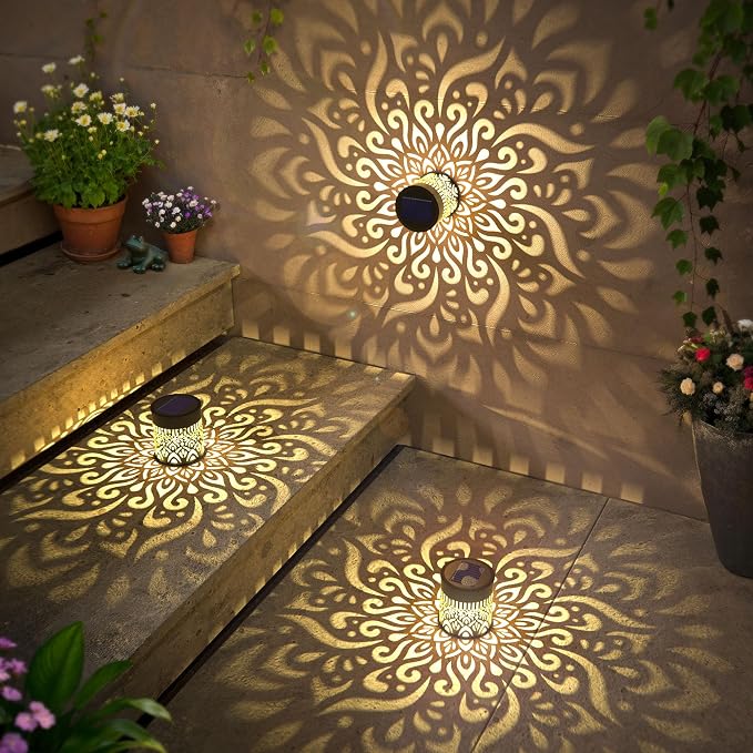 4 Pack Large Solar Fence Lights Metal Solar Powered Outdoor Wall Deck Step Lights Mandala Theme Waterproof Fence Light for Garden Post Patio Backyard Yard Decor, Gardening Gifts for Women Mom Grandma