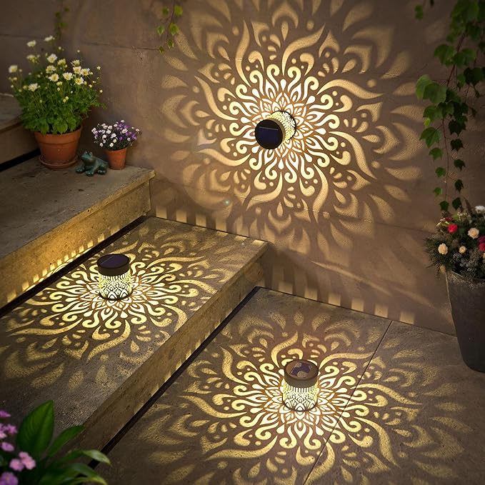 2 Pack Large Solar Fence Lights Metal Solar Powered Outdoor Wall Deck Step Lights Mandala Theme Waterproof Fence Light for Garden Post Patio Backyard Yard Decor, Gardening Gifts for Women Mom Grandma