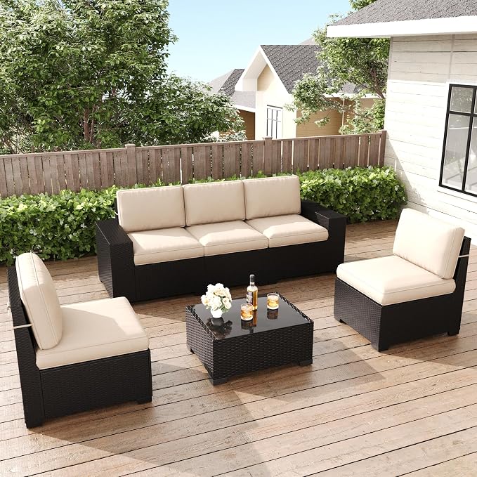 LayinSun 6 Pieces Patio Furniture Set, Black Rattan Modular Sectional Outdoor Conversation Sofa Set