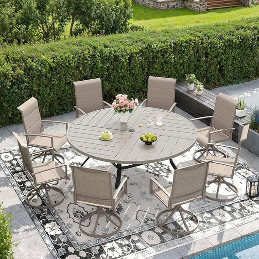 DIFY 9 Piece Outdoor Dining Set, Metal Patio Table and Chairs Set, 59.8" Grey Wood-Like Round Dining Table & 8 Sandshell Padded Textilene Swivel Patio Chairs, Outdoor Furniture Set for Garden Backyard