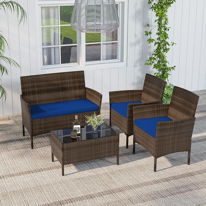 RELAX4LIFE 4-Piece Patio Furniture Set - Rattan Outdoor Conversation Bistro Set w/Cushions, Glass Coffee Table, Wicker Chairs & Loveseat for Garden Backyard Porch, Balcony Furniture Set (1, Navy)