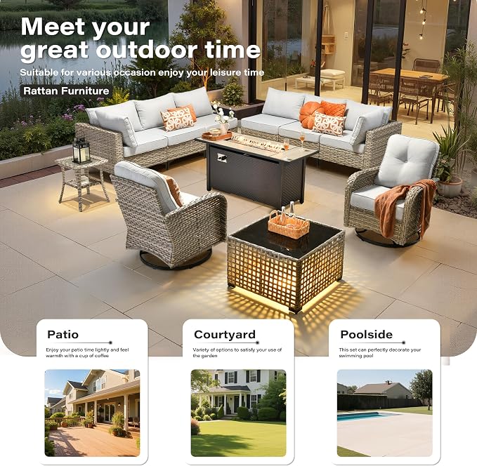 11 Pieces Outdoor Sectional Patio Furniture Set with 54" Fire Pit,Wicker Conversation Sets Rattan L Shaped Couch Swivel Rocking Chairs,Modular Outdoor Sofa for Porch Balcony Backyard Grey
