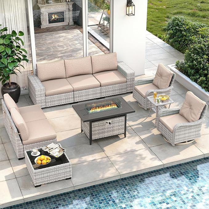 10 Piece Outdoor Wicker Patio Furniture Set with Swivel Chairs & Fire Pit Table, 7-Seats with 4" Thickened Cushions & Coffee Table, All-Weather PE Rattan for Garden, Backyard, Porch, Beige
