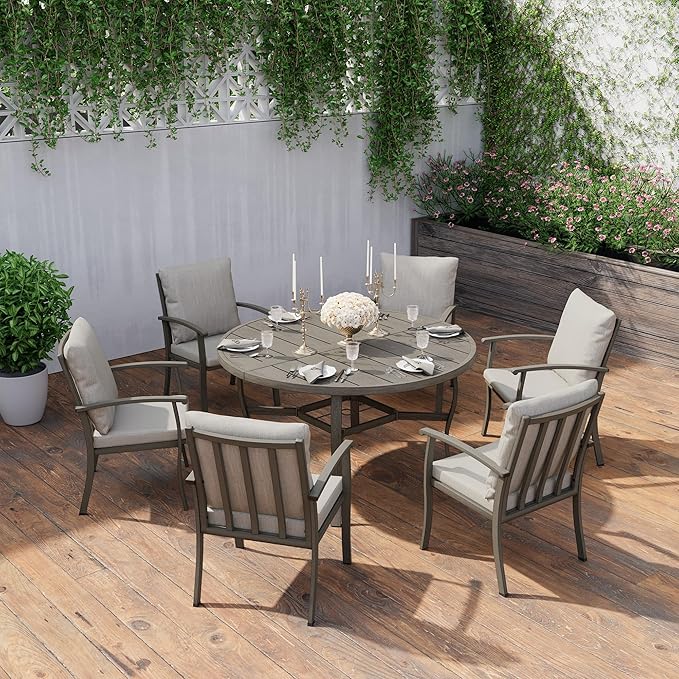 HAPPATIO Round Outdoor Dining Table, 52-inch Aluminum Patio Table with Umbrella Hole, All-Weather Aluminum Frame for Deck Lawn Garden Backyard Balcony Deck,