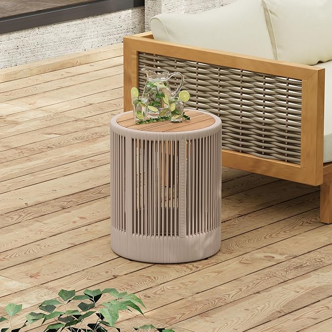 Outdoor Rattan Rope & Acacia Wood Side Table - Patio Balcony Furniture for Garden, Yard, Balcony - Weather Resistant(Rope Beige, Natural Iron)