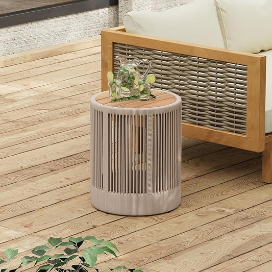 Christopher Knight Home Aueket Rustic Acacia Wood Side Table, 15" Round Farmhouse Outdoor Patio Sofa Side Table, Boho Home Decor, Iron Frame Rope Design, 175 lbs Capacity, Easy Assembly, Teak+ Beige