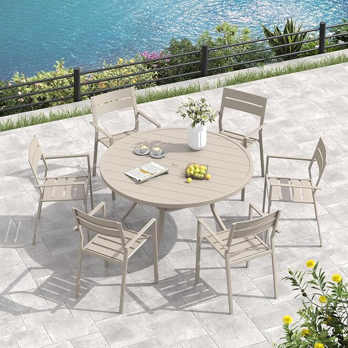 VICLLAX 50" Round Patio Table, Outdoor Dining Table for 6 with Umbrella Hole for Garden Lawn Deck Backyard, Sandshell