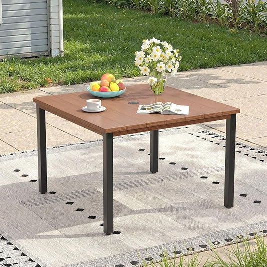 Outdoor Dining Table with Adjustable Umbrella Hole, 40.2" All-Weather Square Patio Dining Table for 4, Metal Patio Table for Garden Lawn Porch Deck Yard, Walnut