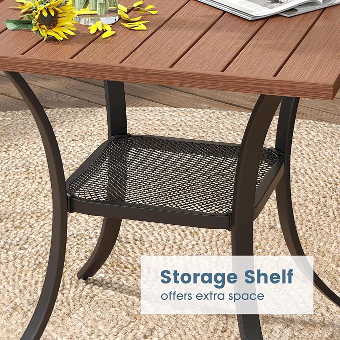 DIFY 3 Pieces Outdoor Patio Dining Set for 2, 27.6" Walnut Small Square Metal Dining Table and 2 Brown Swivel Patio Dining Chairs, Outdoor Table and Chairs for Backyard Porch Poolside