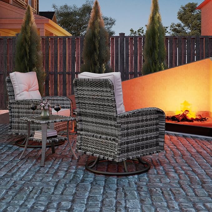 Kromax Outdoor Patio Furniture Set, All-Weather Wicker Swivel Glider Chairs Set of 2 with Coffee Table Table & Thick Machine Washable Cushions for Backyard, Garden, Porch, Grey/Grey