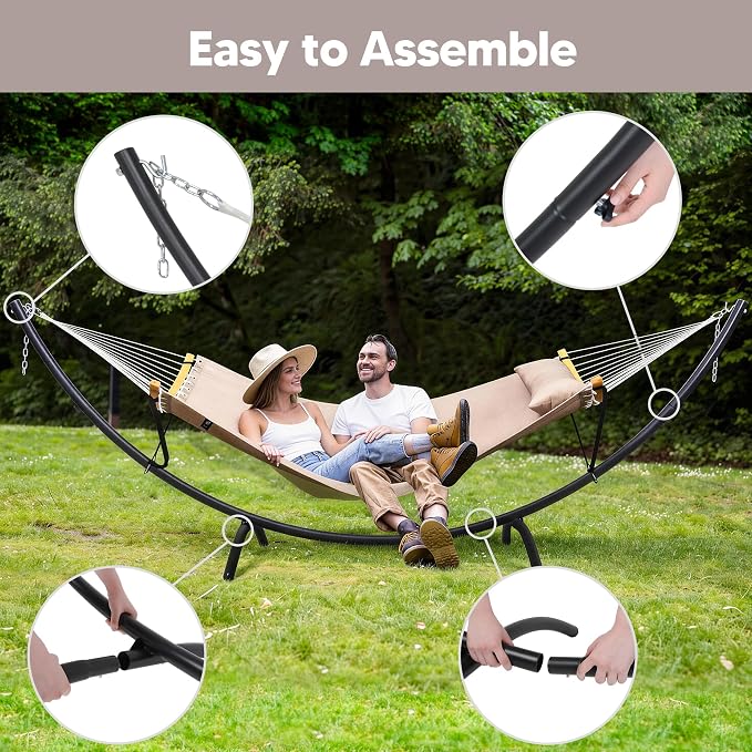 SUNCREAT Portable Double Hammock with Stand, Outdoor Standing 2 Person Hammock Combo, Patent Pending, Tan