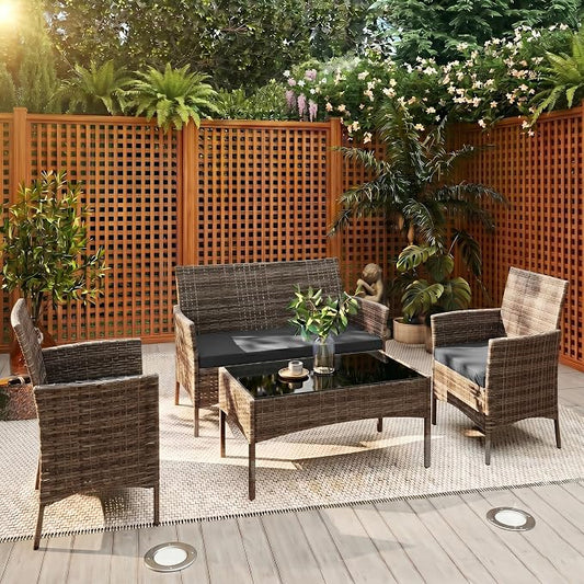 4 Pieces Outdoor Patio Furniture Set, Wicker Patio Conversation Set with Tea Table, All-Weather Outside Rattan Sectional Sofa for Backyard, Poolside, Garden, Balcony, Brown/Gray