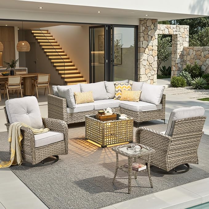 8 Pieces Outdoor Sectional Patio Furniture Set with Swivel Rocking Chairs,Conversation Sets Rattan Wicker L Shaped Couch,Modular Outdoor Sofa for Porch Balcony Backyard Grey