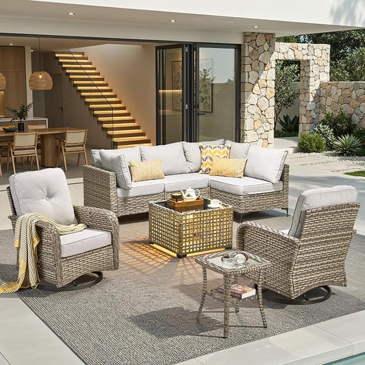 8 Pieces Outdoor Sectional Patio Furniture Set with Swivel Rocking Chairs,Conversation Sets Rattan Wicker L Shaped Couch,Modular Outdoor Sofa for Porch Balcony Backyard Grey