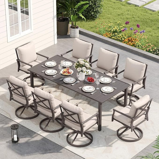 HAPPATIO Patio Dining Set, Metal Outdoor Table and Chairs Set for 8, Powder-Coated Swivel Rocking Chairs with Thick Cushions, 80" Rectangular Table with 1.9" Umbrella Hole for Deck Backyard Lawn