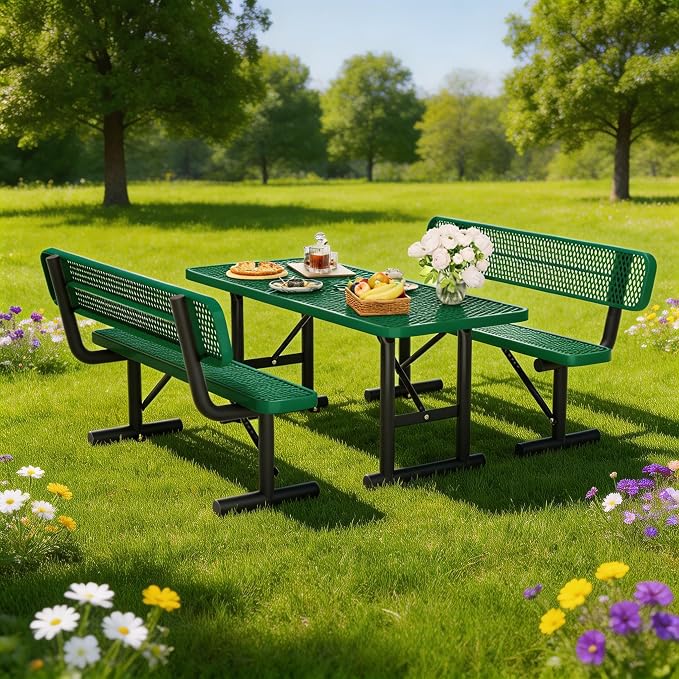 4FT Outdoor Metal Picnic Table with 2 Benches,Heavy Duty Rectangular Picnic Table Set for Outside, Waterproof Commercial Restaurant Table Furniture for Park, Campfield, Patio, Garden, Yard