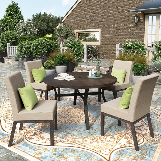 HERA'S HOUSE 5-Piece Patio Dining Set, 4 Metal Cushioned Chairs, Beige | 44" round wood-look metal table, Umbrella hole, E-coated and powder-coated steel frame, All-weather design