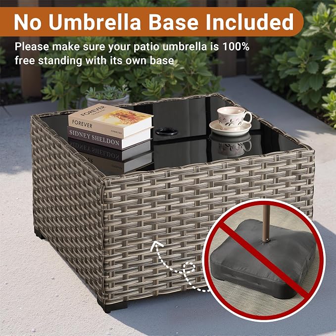 HOOOWOOO Outdoor Patio Side Table with Umbrella Hole,Wicker Coffee End Table Glass Top,Umbrella Table with 1.64" and 2" Hole for Yard,Deck,Porch,Garden(Rectangle Brown)