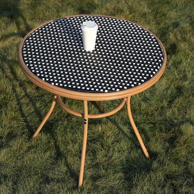 31" Round Outdoor Bistro Table, All-Weather PE Rattan Patio Side Table w/Sturdy Metal Frame & Adjustable Foot Pads, Wicker Dining Table for Poolside Backyard Garden Balcony, Black/White