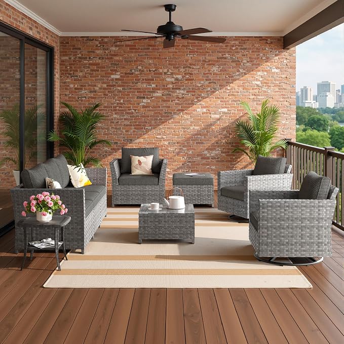 CAODOC Fully Assembled & Spacious 9-Pc Outdoor Sofa Set, Patio Rattan Conversation Group with Rocking Chair and Tea Table