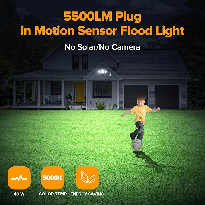 LUTEC 2 Pack 50W Motion Sensor Outdoor Lights, 5500 LM Plug in Flood Light Outdoor, Dusk to Dawn, IP65 Waterproof Security Lighting, 5000K Daylight, Adjustable Wall-Mounted for Garage, Yard, Porch