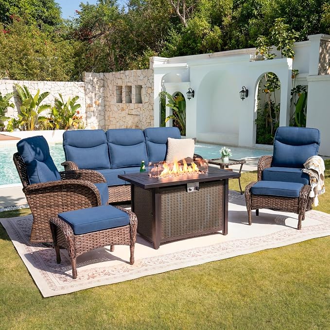 Belord Upgraded 6“ Cushion Luxury Patio Furniture Set with Fire Pit Table - 7 Piece Wicker Furniture Set with High Back Swivel Rocker Patio Chairs, Conversation Set for Deck Porch Yard - Brown/Blue