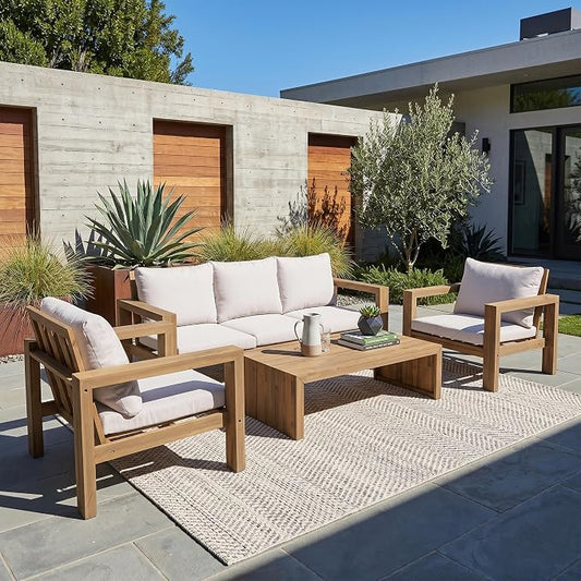 4 Pieces Patio Sofa Set Outdoor Seating Group 5-Person Sofa Set Outdoor Conversation Set with Cushions and a Coffee Table for Garden, Backyard,Balcony,Poolside (Light Teak#50)