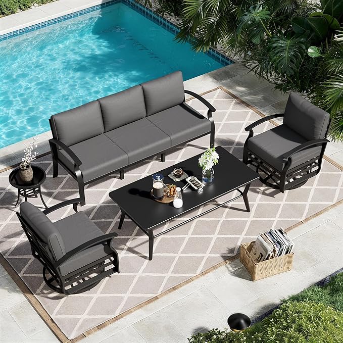 Aluminum Patio Furniture Set with Coffee Table,5 Seats Metal Modern Outdoor Furniture Set w/5.1" Thick Cushions,Patio Sectional w/Swivel Chairs for Backyard,Patio,Grey