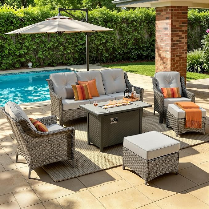 6 Piece Patio Furniture Set with Fire Pit Table, Outdoor Wicker High Back Sofa Chairs Ottoman with Comfy Cushions, Modern Conversation Sets for Backyard Deck Garden Poolside, Grey