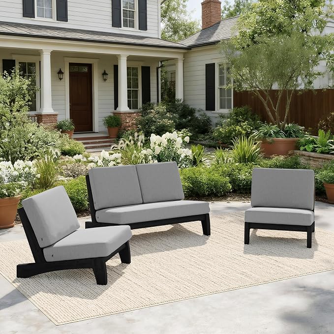 Pia Ricoo 4 Piece Patio Furniture Sets, Outdoor Loveseat Sofa Set with 2 Chairs & Coffee Table, Patio Conversation Set for Backyard, Deck, Lawn, Gray, Dark Wood