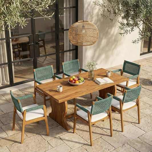 Christopher Knight Home 7-Piece Outdoor Dining Set, 70" Acacia Wood Patio Table, Teak Finish with 6 Armchairs, Beige Cushions & Rope Woven Back, Backyard Garden Deck Furniture Set