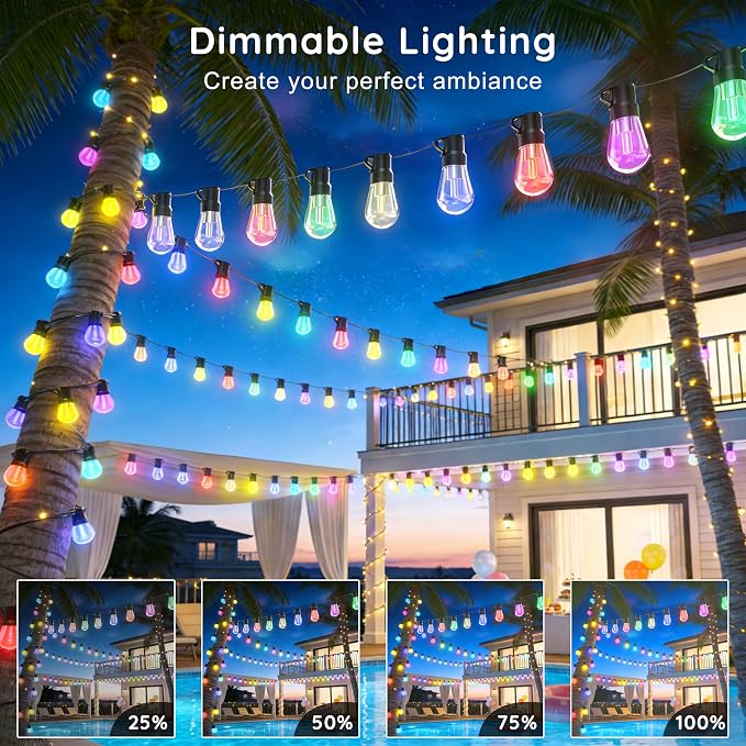 300FT RGB+IC Outdoor String Lights, Dimmable Shatterproof LED Bulbs, IP67 Waterproof DreamColor Chasing Lights, Multicolor Dynamic Lighting for Patio Balcony Garden & Outdoor Living Area Decoration