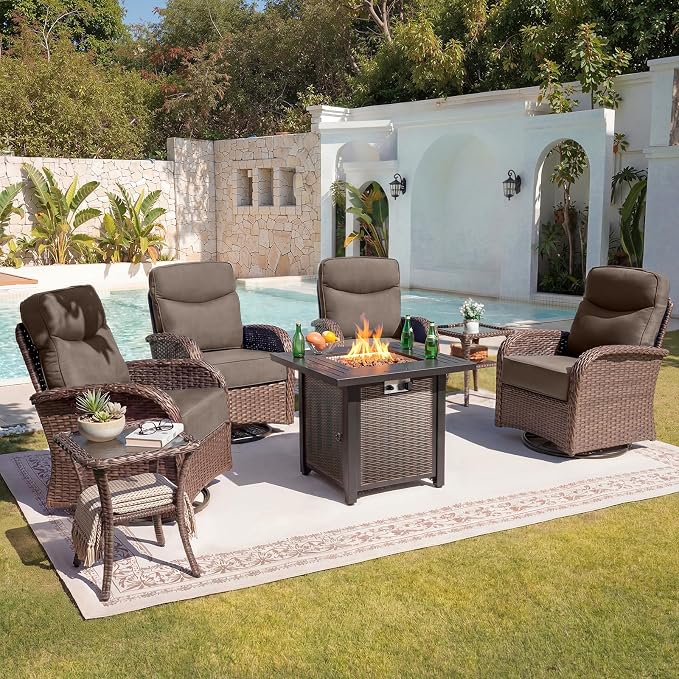 Belord Upgraded 6“ Cushion Luxury 7 Piece Patio Furniture Set with Fire Pit Table - Outdoor Furniture Set with High Back Swivel Rocker Patio Chairs, Conversation Set for Deck Porch Yard - Brown/Grey