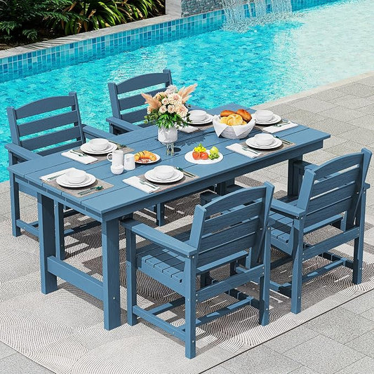 SERWALL 5 Pcs HDPE Patio Dining Set w/Umbrella Hole Table & 4 Chairs, Blue | HDPE Outdoor Dining Set with Rectangular Table & 4 Chairs, All-Weather Patio Dining Furniture