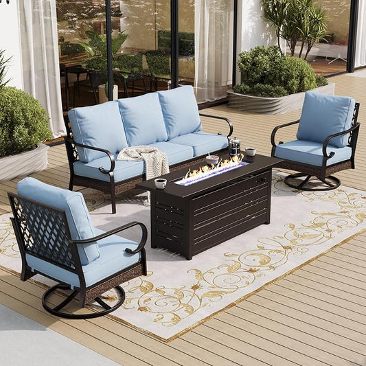 SUNSHINE VALLEY 4 Piece Black Metal Outdoor Patio Furniture Sets with Firepit Table, Patio Conversation Sets 1 3-Seater Sofa, 2 Swivel Sofa with 5.75" Thick Cushion Backyard Furniture for Deck, Blue