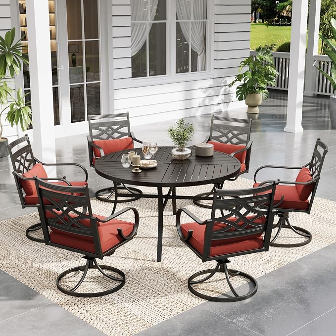 Sophia & William Patio Dining Set, Steel, Black | Umbrella Hole, Swivel Chairs, E-Coated, Cushions Included, For Patio, Garden and Yard