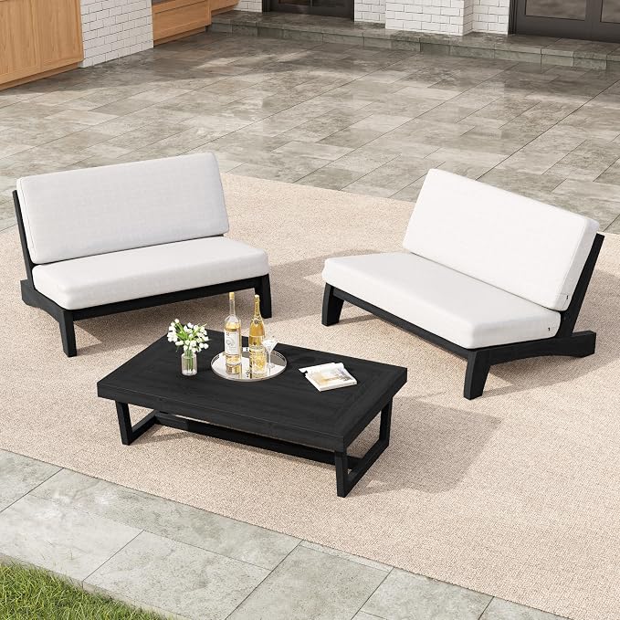 3 Pieces Patio Furniture Sets, All-Weather Outdoor Wood Bistro Set Patio Conversation Coffee Table Chiars and Patio Loveseat for Balcony, Backyard