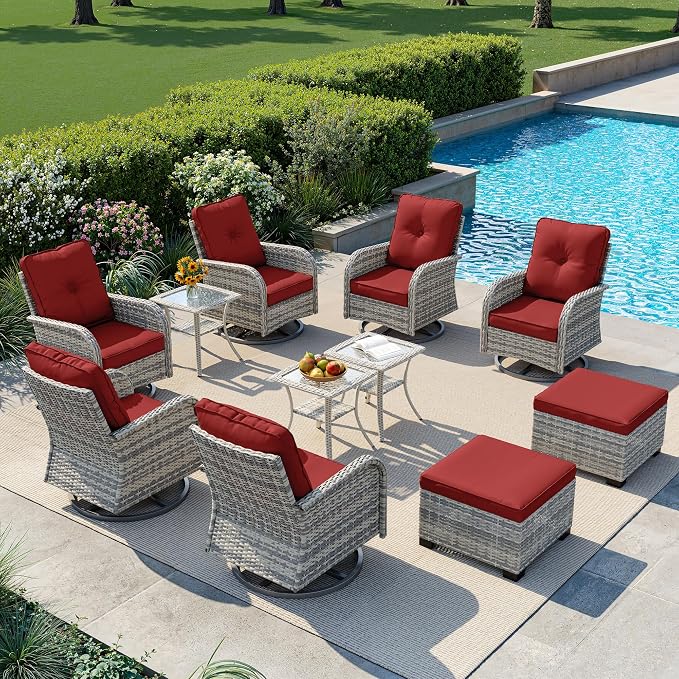 11-Piece Small Patio Furniture Set, Outdoor Swivel Rocking Chairs Set with Ottomans, Patio Bistro Set for Balcony, Deck, Porch, Red