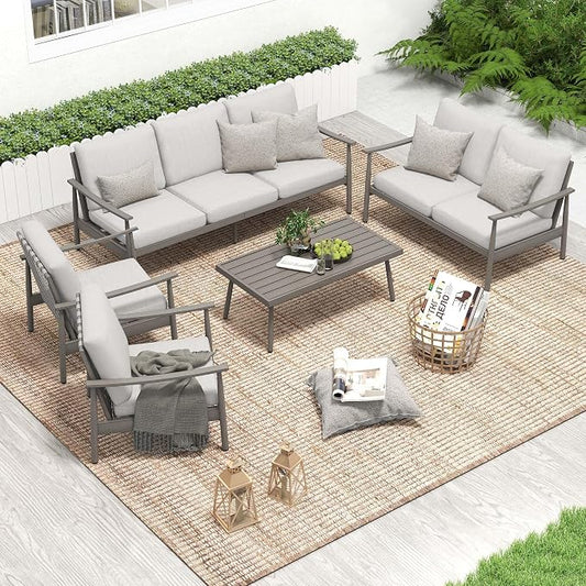HAPPATIO Outdoor Furniture Set - 5 Piece Aluminum Patio Conversation Set with 1 Coffee Table, 2 Armchairs, Loveseat and 3-Seat Sofa, Aluminum Patio Furniture Set for Backyard Deck Poolside (Grey)