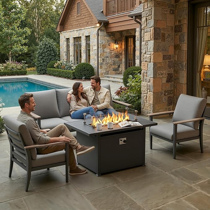 Aluminum Outdoor Patio Furniture Set, 4-Piece Outdoor Sofa with 5.1" Thick Cushions, 55,000 BTU Propane Fire Pit Table, Outdoor Couch for Balcony, Porch, Gray