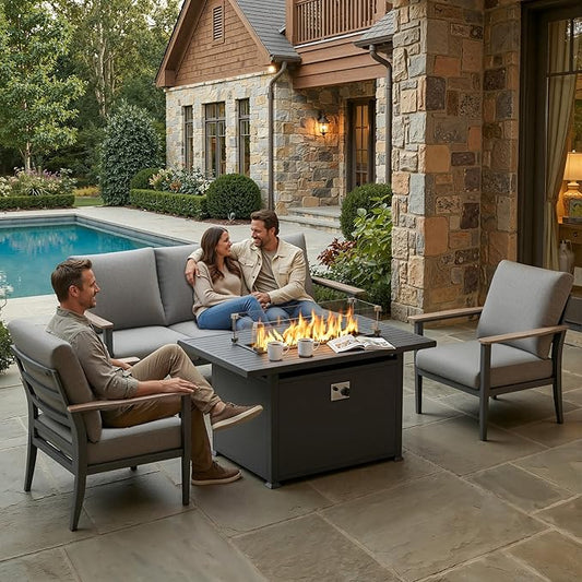 Aluminum Outdoor Patio Furniture Set, 4-Piece Outdoor Sofa with 5.1" Thick Cushions, 55,000 BTU Propane Fire Pit Table, Outdoor Couch for Balcony, Porch, Gray